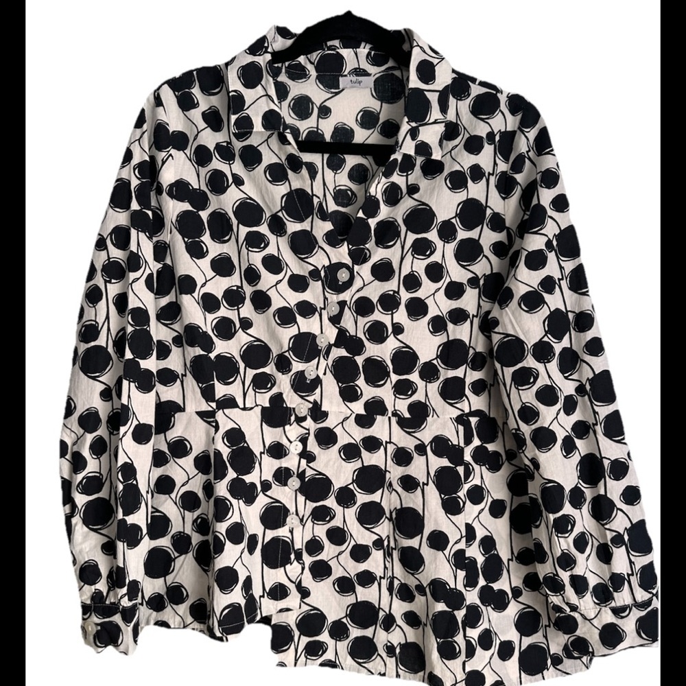 TULIP Black and White Polka Dot WEARABLE ART Women's COTTON blouse Sz S